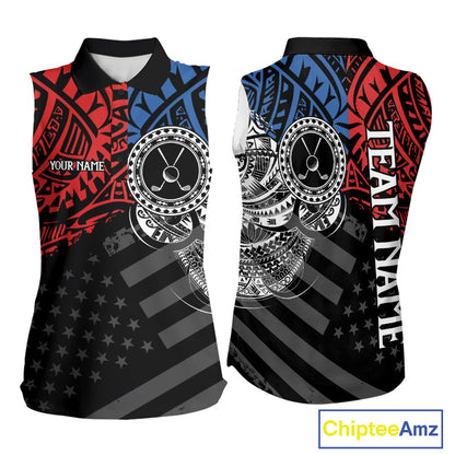 Women's American flag tribal golf polo shirt, red blue white golf apparel, patriotic golf shirt, tribal golf team uniform
