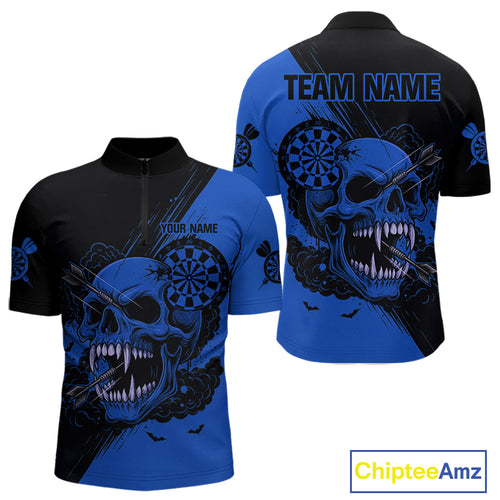 Custom Blue Horror Skull Smokes Dartboard Men Quarter-Zip Dart Shirt Grunge Dart Jerseys NYN2028