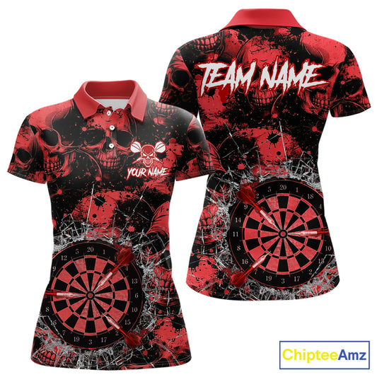 Red Grunge Skull Cracked Glass Dartboard Custom Women Darts Polo Shirts Dart Team Jerseys NYN2259