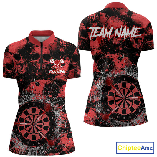 Red Grunge Skull Cracked Glass Dartboard Custom Women Darts Quarter-Zip Shirts Dart Team Jerseys NYN2259