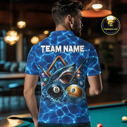 Lightning Blue Waving Funny Shark Mens Billiard Shirts Custom 8 Ball & 9 Ball Billiard Team Jersey NYN3305