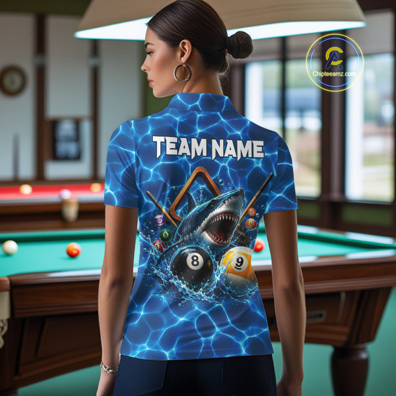 Lightning Blue Waving Funny Shark Women Billiard Shirts Custom 8 Ball & 9 Ball Billiard Team Jersey NYN3305
