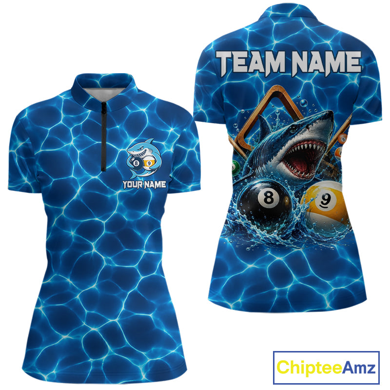Lightning blue shark billiard 1/4-zip shirt for women custom 8 ball and 9 ball jersey