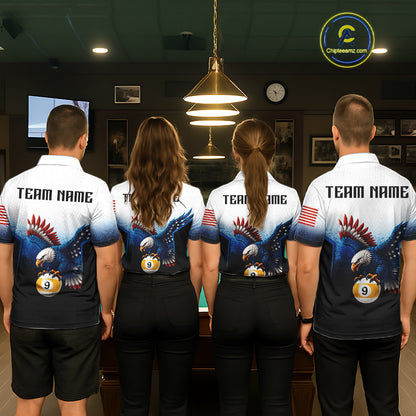 Grunge Blue Funny Eagle 8 Ball & 9 Ball Women Billiard Shirts Custom Patriotic Billiard Team Attire NYN3307