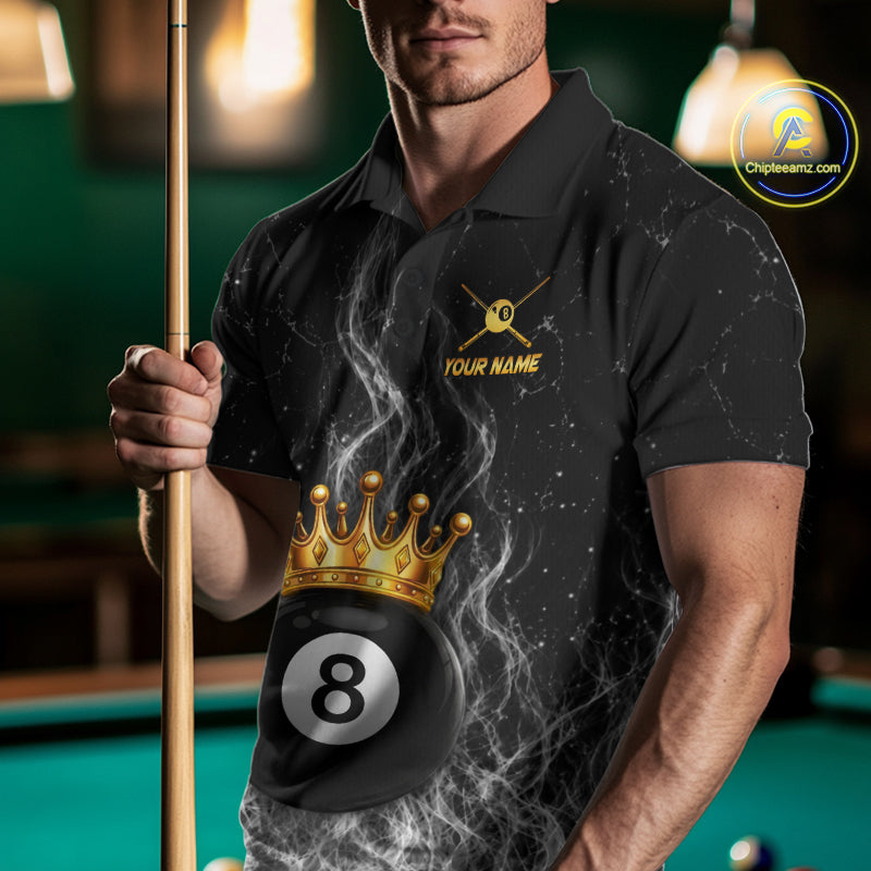 Personalized Gold Crown 8 Ball Mens Billiard Pool Shirts Custom Fire Flame Billiard Jersey | White NYN3310