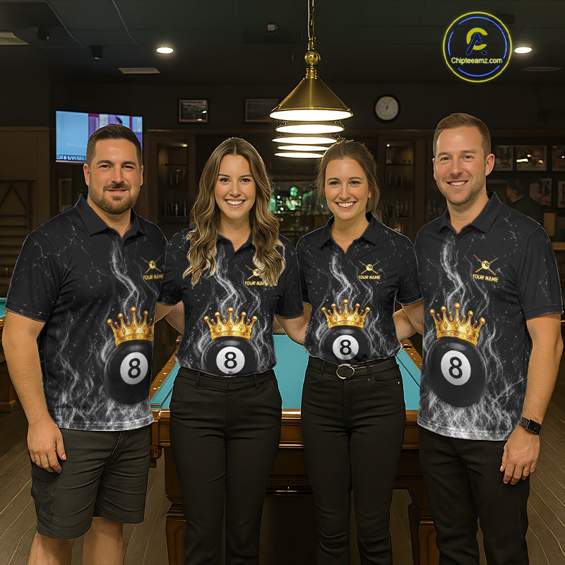Personalized Gold Crown 8 Ball Mens Billiard Pool Shirts Custom Fire Flame Billiard Jersey | White NYN3310