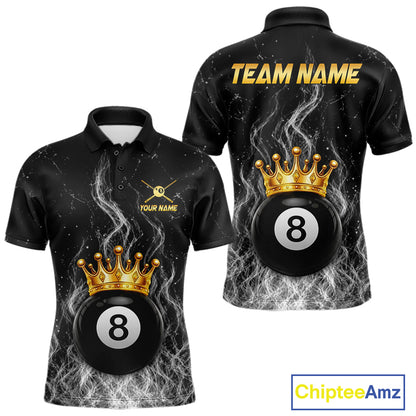 Personalized gold crown 8 ball billiard polo shirt for men with fire flame design
