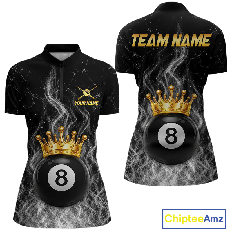 Personalized gold crown 8 ball billiard 1/4-zip shirt for women with fire flame design