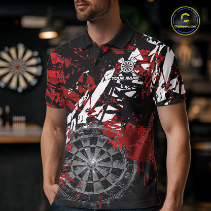 Male darts player wearing black white red grunge dart shirt, smoke dartboard darts jersey, personalized tournament dart apparel