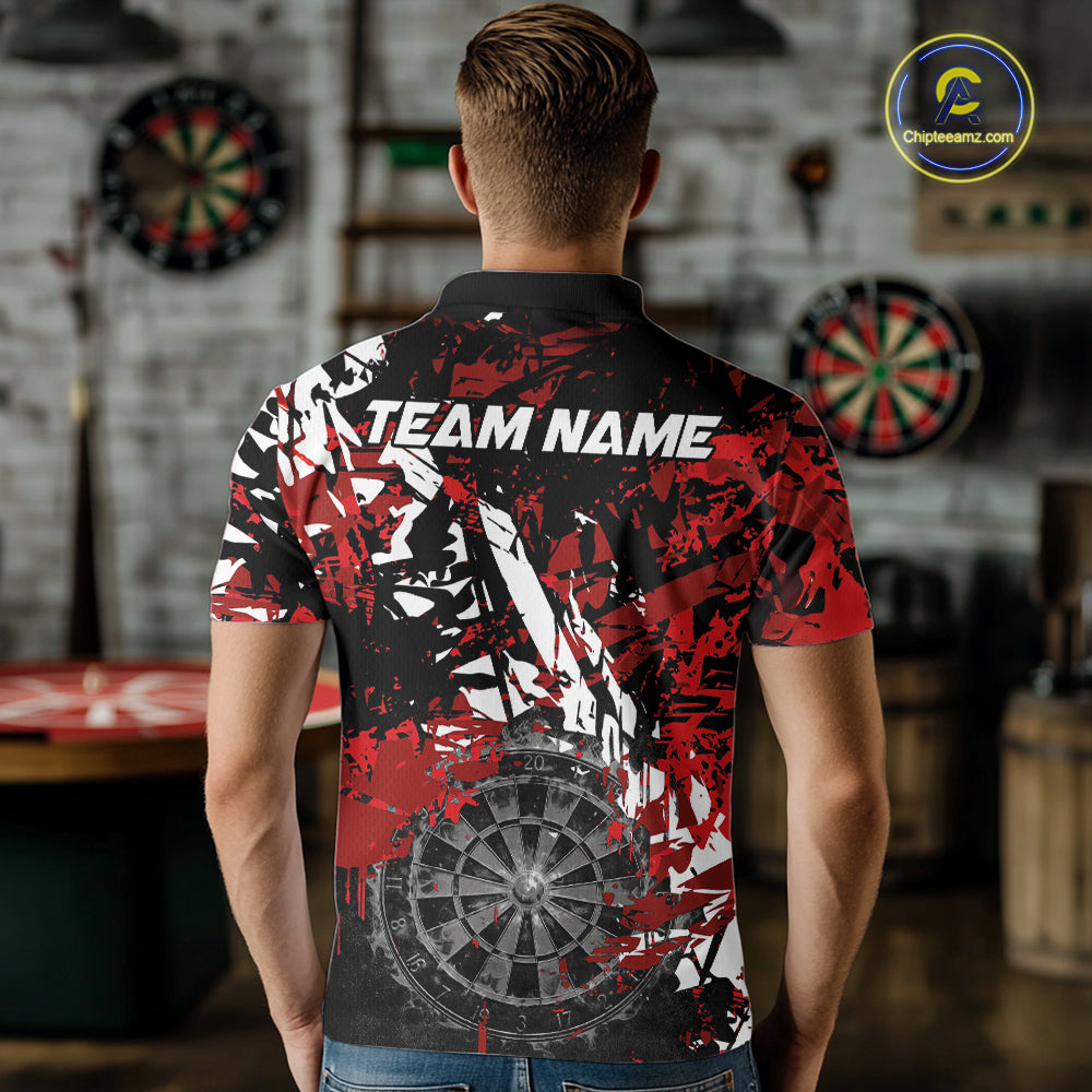 Male darts player wearing black white red grunge dart shirt, smoke dartboard darts jersey, personalized tournament dart apparel