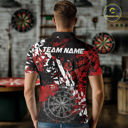 Male darts player wearing black white red grunge dart shirt, smoke dartboard darts jersey, personalized tournament dart apparel