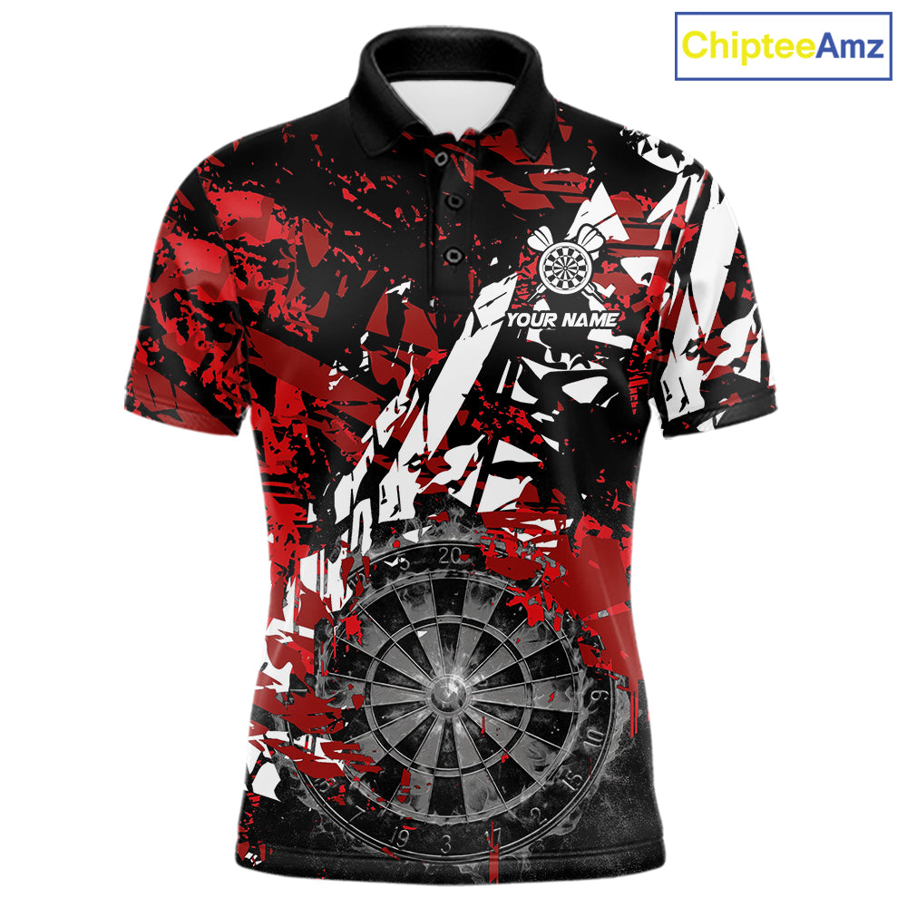 Black white red grunge men's darts polo shirt, smoke dartboard dart jersey, custom darts team uniform, personalized dart apparel, tournament darts clothing
