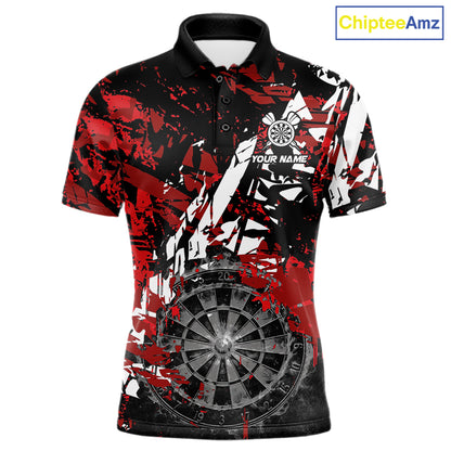 Black white red grunge men's darts polo shirt, smoke dartboard dart jersey, custom darts team uniform, personalized dart apparel, tournament darts clothing