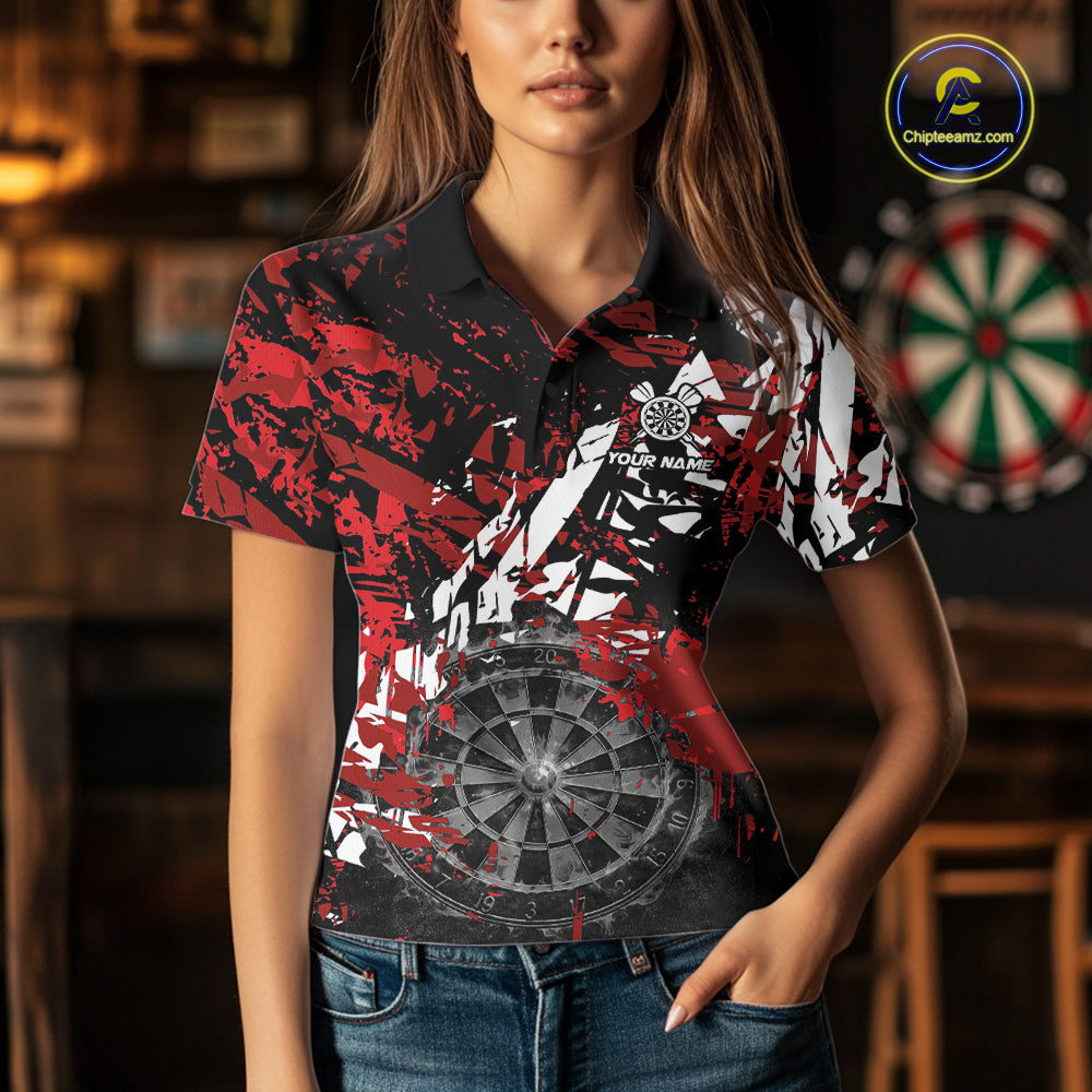 Female darts player wearing black white red grunge dart shirt, smoke dartboard darts jersey, personalized tournament dart apparel