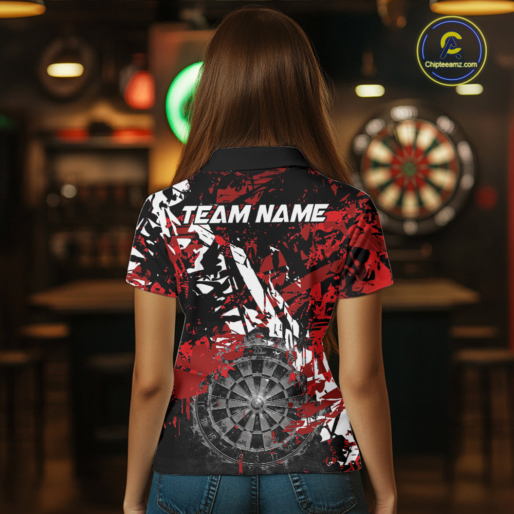 Female darts player wearing black white red grunge dart shirt, smoke dartboard darts jersey, personalized tournament dart apparel