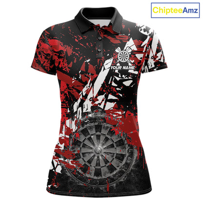 Black white red grunge women's darts polo shirt, smoke dartboard dart jersey, custom darts team uniform, personalized dart apparel, tournament darts clothing