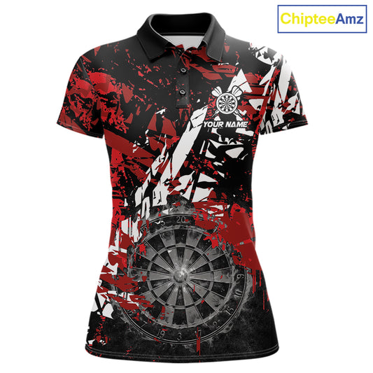 Black white red grunge women's darts polo shirt, smoke dartboard dart jersey, custom darts team uniform, personalized dart apparel, tournament darts clothing