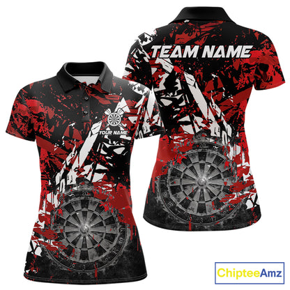 Black white red grunge women's darts polo shirt, smoke dartboard dart jersey, custom darts team uniform, personalized dart apparel, tournament darts clothing