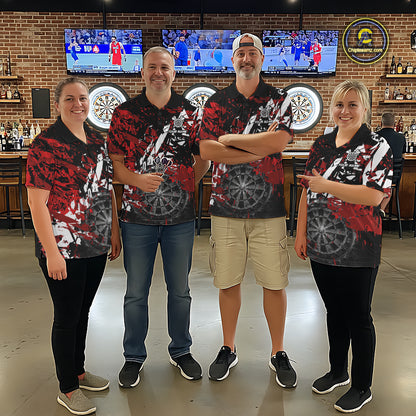Men women darts team wearing matching smoke dartboard grunge dart jerseys, custom dart league uniforms, competitive darts apparel