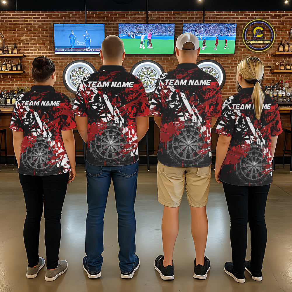 Men women darts team wearing matching smoke dartboard grunge dart jerseys, custom dart league uniforms, competitive darts apparel