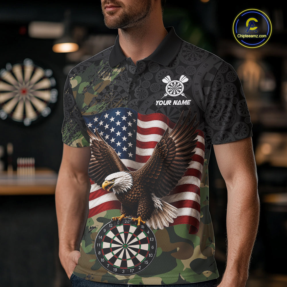 Male model wearing Green Camouflage Eagle custom darts polo shirt at dart league tournament, tactical patriotic jersey, athletic performance apparel, strength, honor, competitive spirit