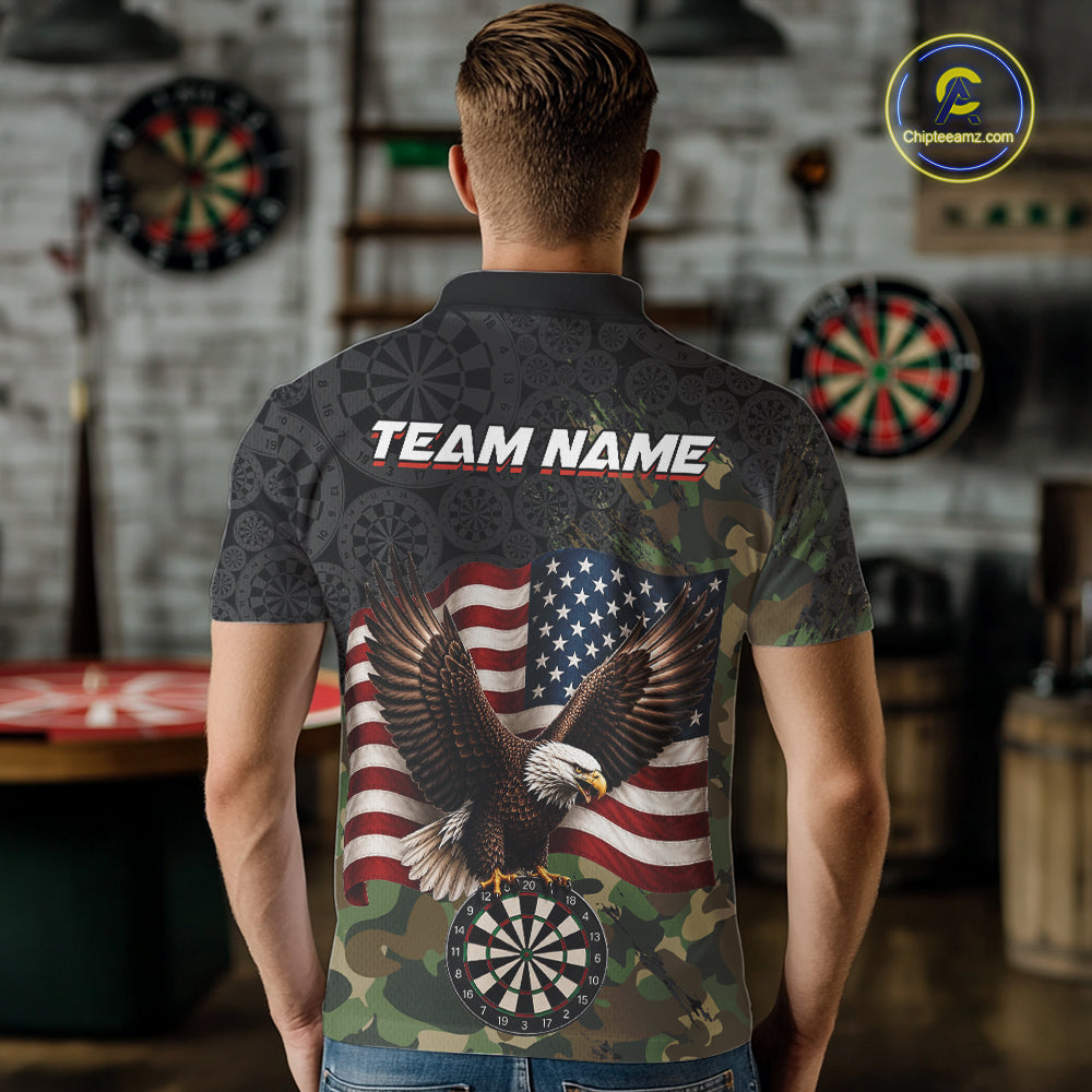 Male model wearing Green Camouflage Eagle custom darts polo shirt at dart league tournament, tactical patriotic jersey, athletic performance apparel, strength, honor, competitive spirit