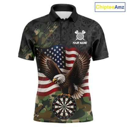 Custom Green Camouflage Eagle American Flag Men's Darts Polo Shirt, Personalized Tactical Team Jersey, Patriot Dart League Apparel, Military Inspired Performance Shirt, Freedom, Courage & Competitive Spirit