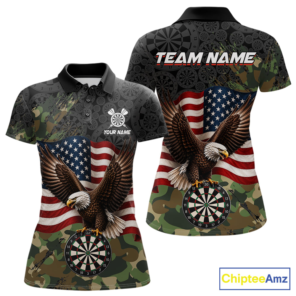 Custom Green Camouflage Eagle American Flag Women's Darts Polo Shirt, Personalized Camo Team Jersey, Tactical Dart Tournament Apparel, Patriot Performance Polo, Military Style, Honor, Strength & Leadership