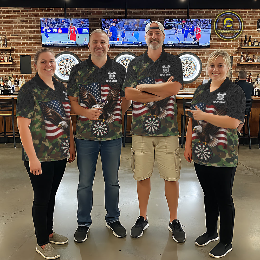 Professional darts team wearing matching Green Camouflage Eagle American Flag polo and quarter-zip jerseys, personalized military-inspired tournament uniforms, teamwork, patriotism, leadership, championship performance