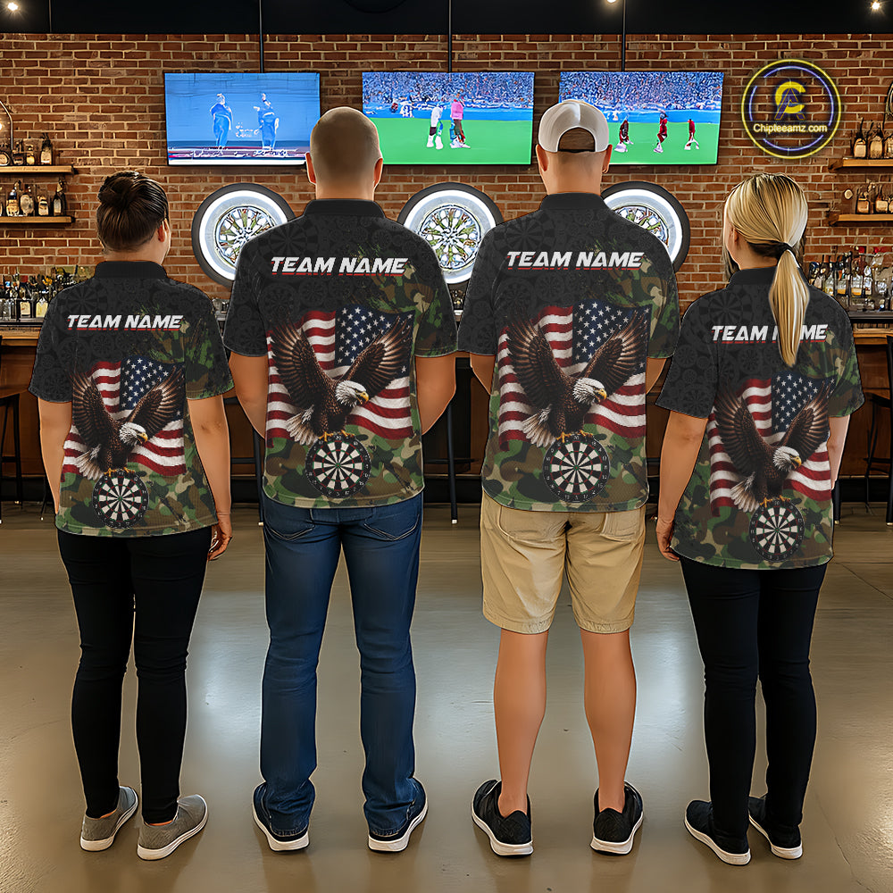 Professional darts team wearing matching Green Camouflage Eagle American Flag polo and quarter-zip jerseys, personalized military-inspired tournament uniforms, teamwork, patriotism, leadership, championship performance