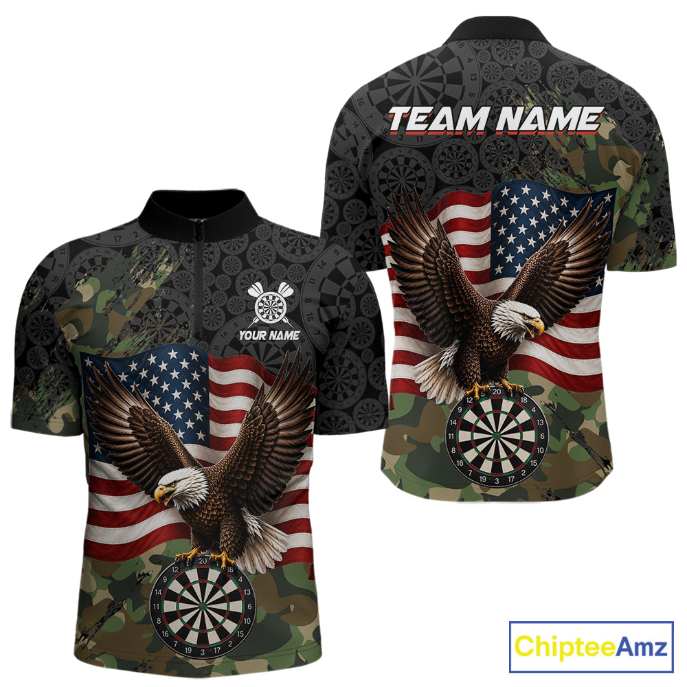 Green Camouflage Eagle Men's Quarter-Zip Darts Shirt, Personalized Patriot Dart League Jersey, Tactical Performance Apparel, Eagle American Flag Tournament Uniform, Strength, Teamwork & Excellence