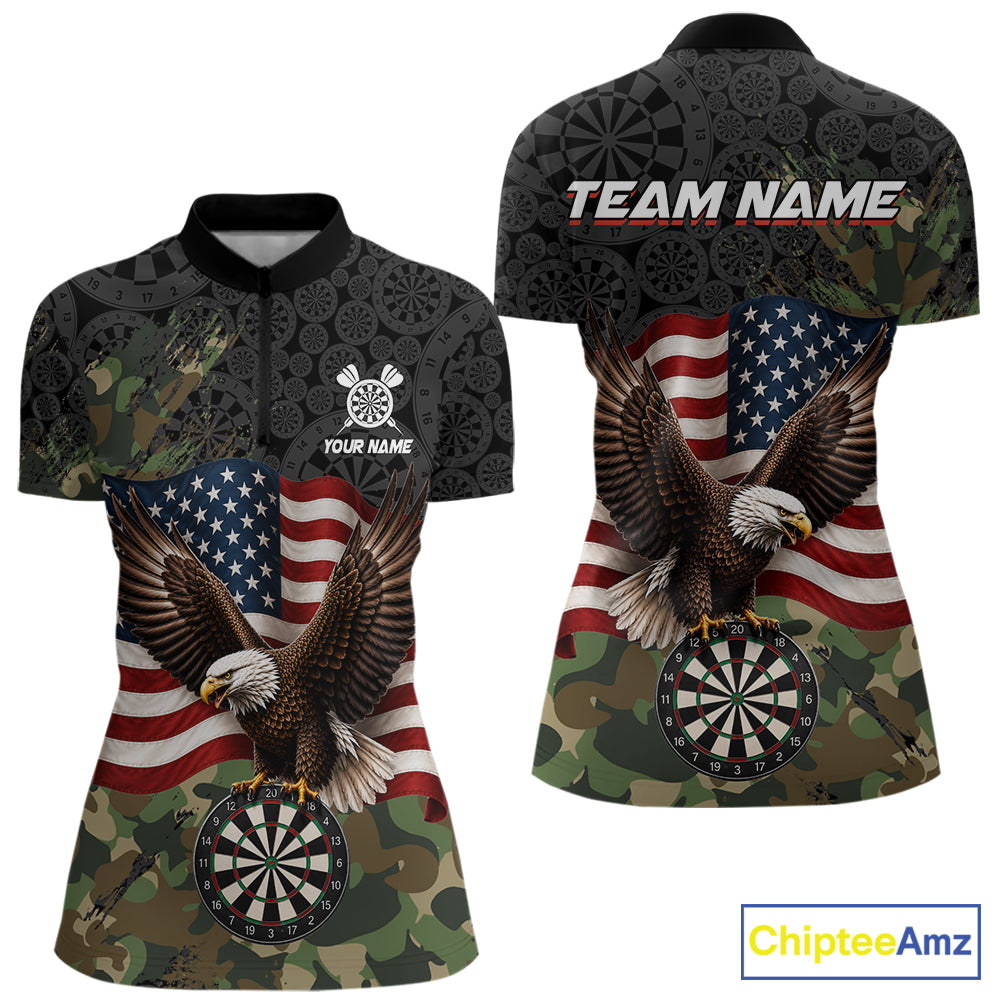 Green Camouflage Eagle Women's Quarter-Zip Darts Shirt, Personalized American Flag Tactical Team Jersey, Moisture-Wicking Tournament Apparel, Military Style, Honor, Leadership & Victory