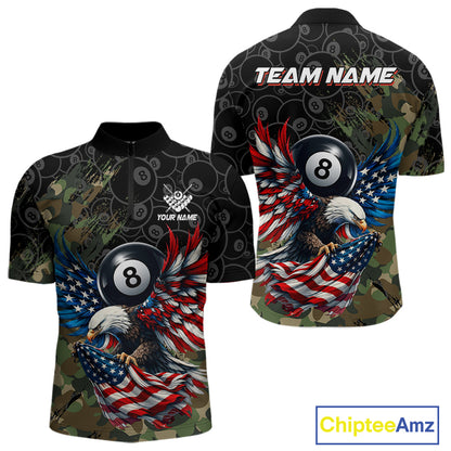 Green Camouflage Eagle Men's Quarter-Zip Billiard Shirt, Personalized Tactical Pool League Jersey, Athletic Performance Apparel, Patriot Cue Sports Uniform