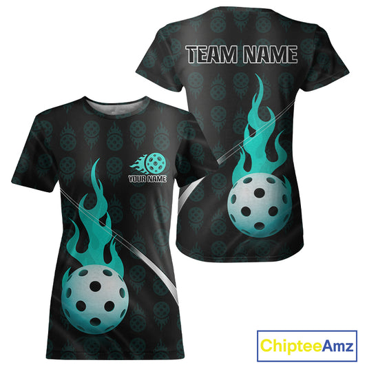 Turquoise Custom Pickleball T-Shirt For Women Personalized Flame Pickleball Team Outfit NYN1194