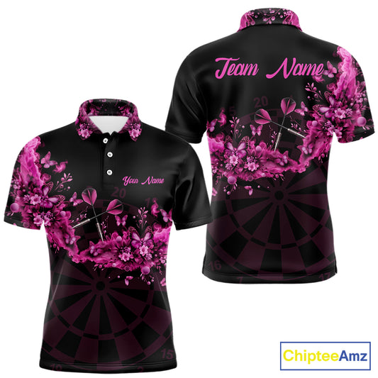 Black And Pink Flowers Smoke Butterflies Custom Men Darts Polo Shirts Dart Team Jerseys NYN2261