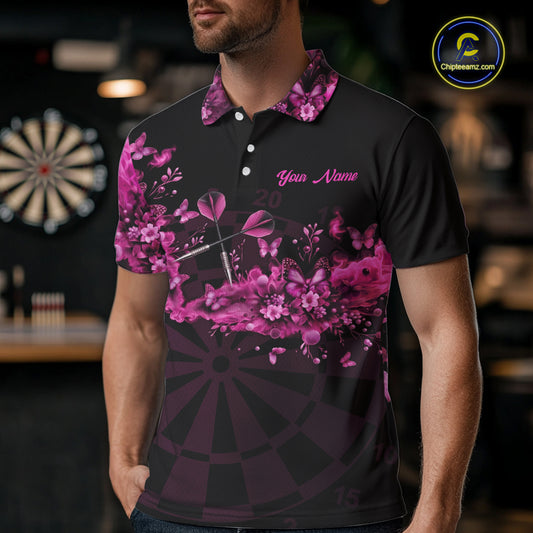 Black And Pink Flowers Smoke Butterflies Custom Men Darts Polo Shirts Dart Team Jerseys NYN2261