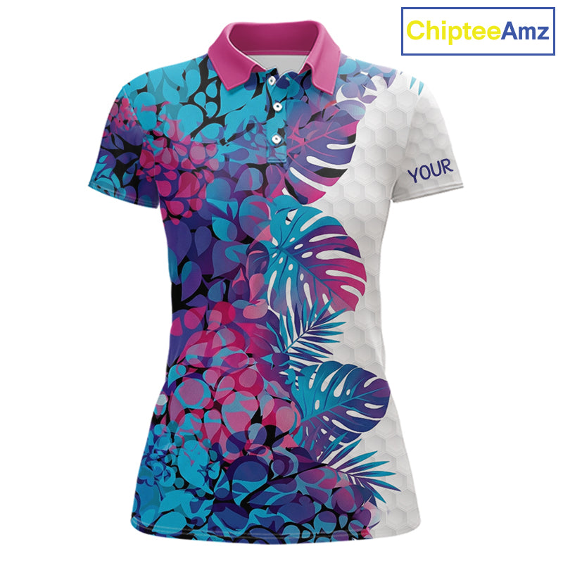 Womens Golf Clothing Monstera Pattern Floral Golf Shirt Custom Women White Golf Polo Best Golf Gifts NYN2936
