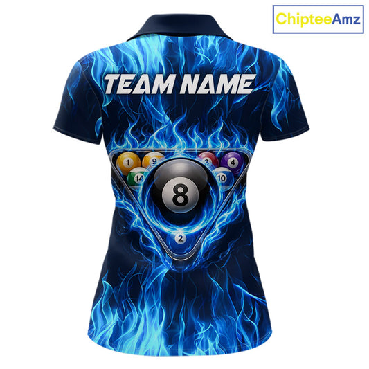 Fire Flame 8 Ball Billiard Shirt For Women Custom Blue Flames Pool Billiard Rack Team Shirt NYN3137