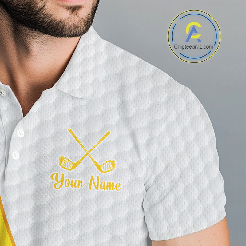 White shirt with yellow golf club design and 'Your Name' text on a gray background