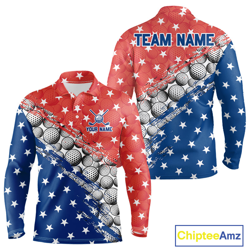 Long-sleeve shirt with American flag design and golf ball pattern, customizable with 'Your Name' and 'Team Name'.
