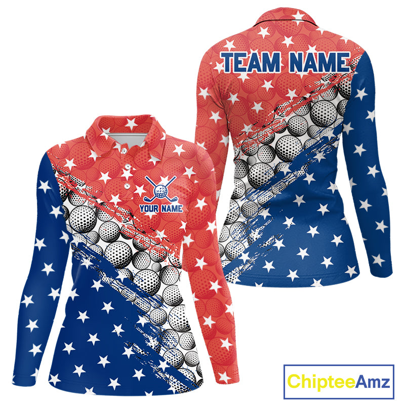 Long-sleeve shirt with golf ball pattern and American flag design, featuring 'Team Name' and 'Your Name' text on a white background.