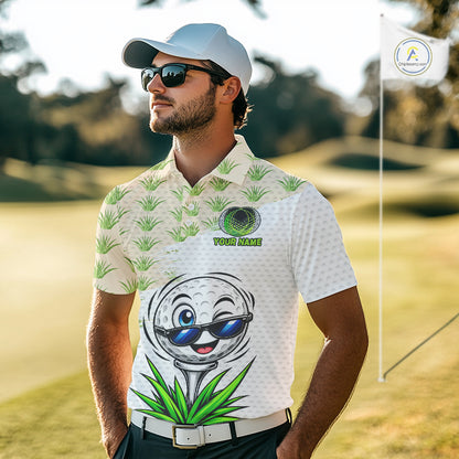 Funny Golfer Grass Pattern Polos For Men Custom White Golf Ball Team Outfits, Upf Golf Shirts NYN3324