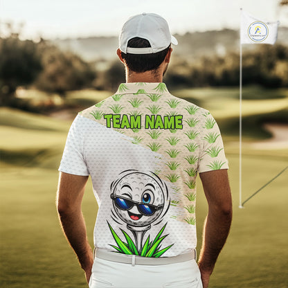 Funny Golfer Grass Pattern Polos For Men Custom White Golf Ball Team Outfits, Upf Golf Shirts NYN3324