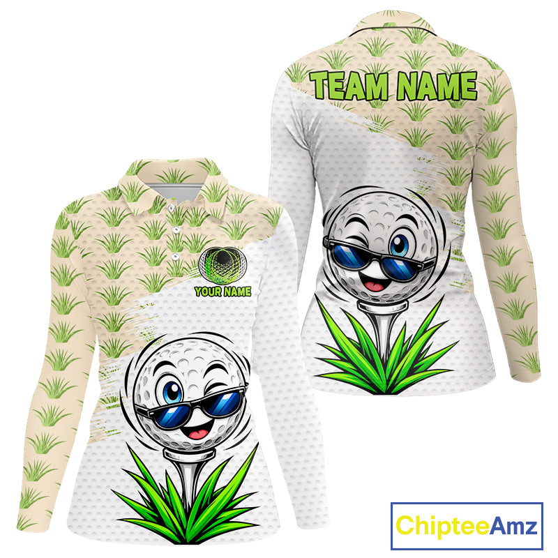 Long-sleeve shirt with golf ball design and customizable text on a white background