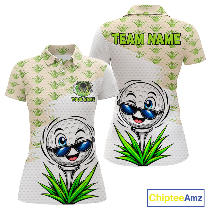 Two polo shirts with golf-themed designs and 'Team Name' text, featuring a cartoon golf ball and tee on a white background.