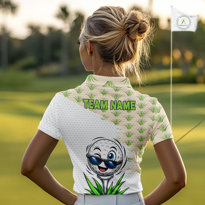 Funny Golfer Grass Pattern Polos For Women Custom White Golf Ball Team Outfits, Upf Golf Shirts NYN3324