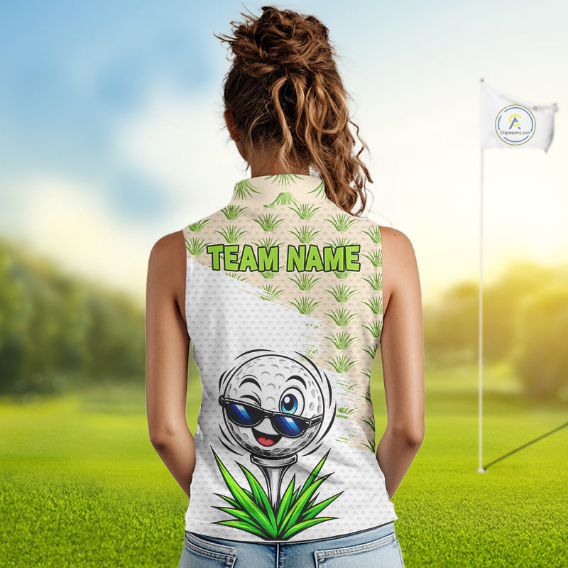 Funny Golfer Grass Sleeveless Polos For Women Custom White Golf Ball Team Outfits, Upf Golf Shirts NYN3324