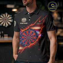 Load image into Gallery viewer, Fire American Flag Darts Polo Shirt For Men Custom Name &amp; Team Patriotic Dart League Shirt NYN2053