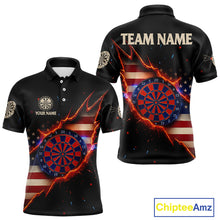Load image into Gallery viewer, Fire American Flag Darts Polo Shirt For Men Custom Name &amp; Team Patriotic Dart League Shirt NYN2053