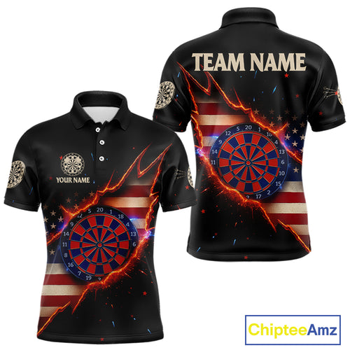 Fire American Flag Darts Polo Shirt For Men Custom Name & Team Patriotic Dart League Shirt NYN2053